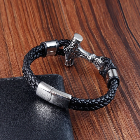 Pulsera Vikinga Mjolnir para Hombre Colgante de Martillo de Thor Nórdico Pulsera de Cuero Trenzado Negro Acero Inoxidable Joyería Punk Rock