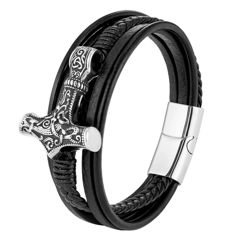 Nordic Viking Thor Hammer Mjolnir Pendant Multi-Layer Genuine Leather Bracelet For Men Stainless Steel Magnetic Clasp Braided Wristband Jewelry