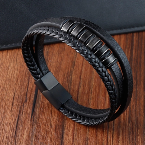 Pulsera Multicapa de Cuero Genuino para Hombre Con Cierre Magnético de Acero de Titanio Cordón Trenzado Anillos de Metal Vintage Joyas Biker Punk