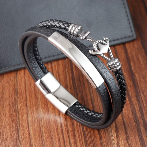 Herren Mehrlagiges Leder Anker Armband Polierter Edelstahl Magnetverschluss Geflochtenes Punk Hip Hop Nautisches Armband Schmuck