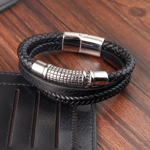 Pulsera para Hombre Hip Hop de Acero Inoxidable 316L Multicapa de Cuero Trenzado Con Cierre Magnético Joyería Punk Casual