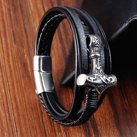 Nordic Viking Thor Hammer Mjolnir Pendant Multi-Layer Genuine Leather Bracelet For Men Stainless Steel Magnetic Clasp Braided Wristband Jewelry
