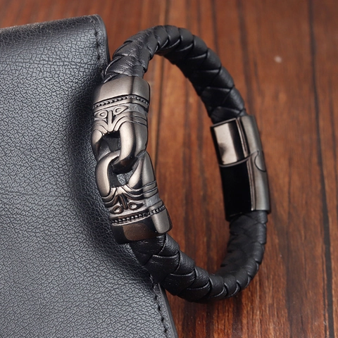 Pulsera de Cuero Genuino Trenzado Retro para Hombre Cierre de Tótem de Acero Inoxidable 316L Hebilla Magnética Pulsera de Tótem Tejida a Mano