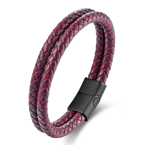 Geflochtenes Leder Armband Für Herren Mit Edelstahl Magnetverschluss Vintage Doppelschichtig Rot Schwarz Schmuck Geschenk