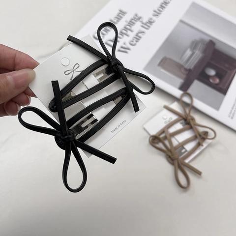 Set di Fermagli per Capelli con Fiocco in Pelle PU Stile Coreano per Donna Fermagli Laterali Neri Cachi Fatti a Mano