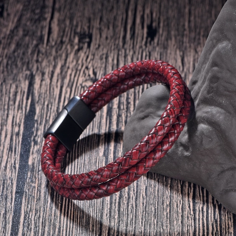 Geflochtenes Leder Armband Für Herren Mit Edelstahl Magnetverschluss Vintage Doppelschichtig Rot Schwarz Schmuck Geschenk