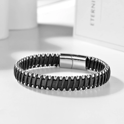 Men Genuine Leather Braided Bracelet With Stainless Steel Magnetic Clasp Retro Industrial Style Wristband Fashion Jewelry