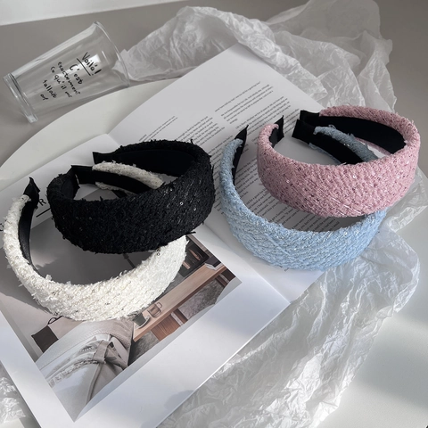 Elegant Tweed Sequin Wide Headband For Women High Top Thickened Hair Hoop Vintage Fashion Hair Accessory