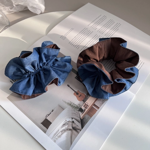 French Elegant Denim Fabric Large Scrunchies For Women Simple Vintage Pleated Hair Ties Handmade Color Block Hair Rope Hair Accessories