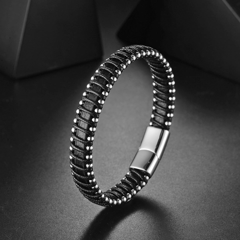 Men Genuine Leather Braided Bracelet With Stainless Steel Magnetic Clasp Retro Industrial Style Wristband Fashion Jewelry