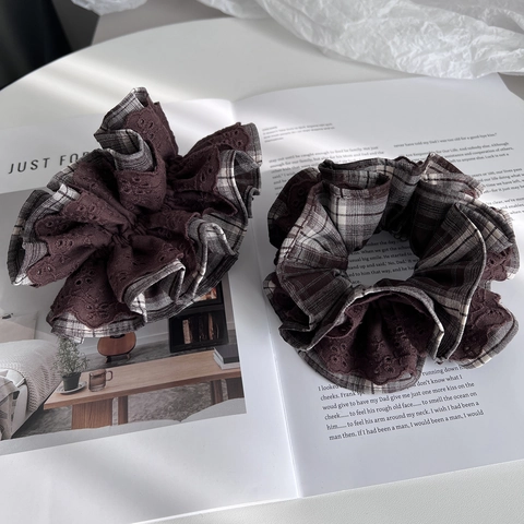 Scrunchies in Tessuto a Quadri Vintage Con Bordo in Pizzo Ricamato Elastici per Capelli Plissettati per Donna Accessori per Capelli Quotidiani
