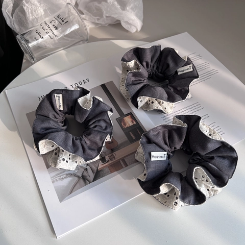 Koreanischer Ballett-Stil Denim Stoff Spitze Patchwork Großer Haargummi Eleganter Grau Weiß Kontrast Dekorativer Scrunchie