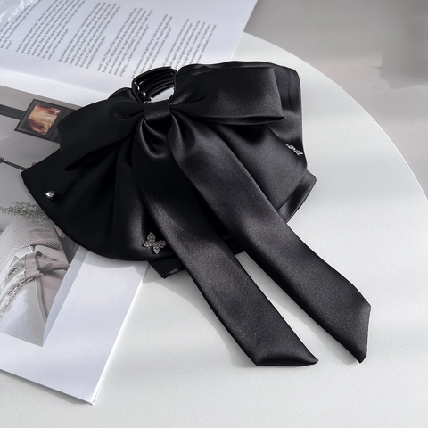 Elegante Pinza per Capelli in Raso a Doppio Strato con Fiocco per Donna Fiocco Nero Vintage Francese con Decorazione a Farfalla di Strass