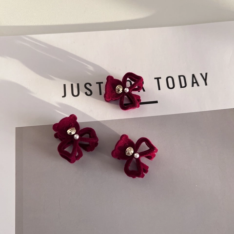 Pinza para el Cabello Vintage Oso Rojo Flocado con Lazo Mujer Aleación Strass Perla Artificial Dulce Mini Horquilla Accesorios