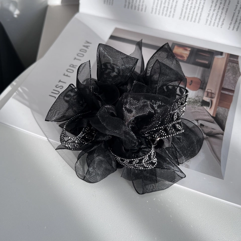 Elegante Coletero de Flores de Organza Negra con Lazo de Estrás Malla Soporte para Cola de Caballo Mujer Accesorios para el Cabello