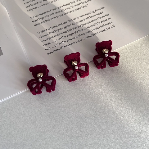 Pinza para el Cabello Vintage Oso Rojo Flocado con Lazo Mujer Aleación Strass Perla Artificial Dulce Mini Horquilla Accesorios