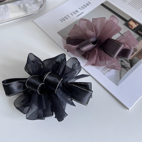Large Organza Bow Banana Hair Clip Elegant Satin Ribbon Rhinestone Hair Claw Vertical Ponytail Holder For Women Fashion Jewelry