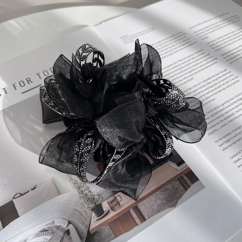 Elegante Coletero de Flores de Organza Negra con Lazo de Estrás Malla Soporte para Cola de Caballo Mujer Accesorios para el Cabello