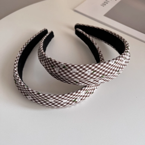 Koreanischer Stil Karomuster Stoff Haarreif Kleine Blume Stickerei Süß Gingham Haarband Für Damen Mädchen Haarschmuck