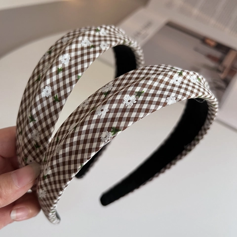 Koreanischer Stil Karomuster Stoff Haarreif Kleine Blume Stickerei Süß Gingham Haarband Für Damen Mädchen Haarschmuck