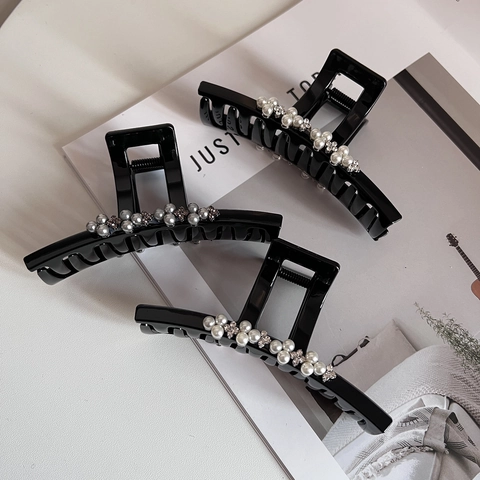 Pinza per Capelli Grande ed Elegante da Donna in Resina Lucida con Künstliche Perle Sintetiche e Strass Accessori per Capelli Neri per Donna