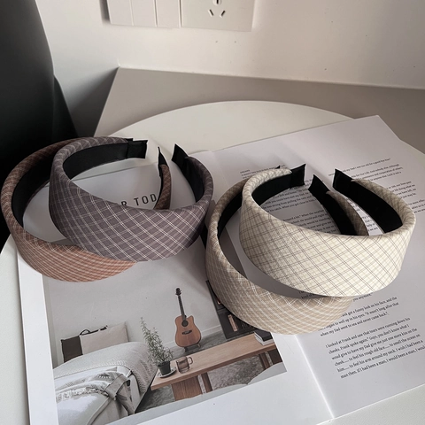 Koreanischer Karo Stoff Breitkrempig Stirnband Für Damen Vintage Schottenkaro Rutschfest Haarband Süß Gepolstert Mode Haarschmuck