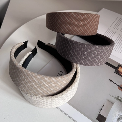 Koreanischer Karo Stoff Breitkrempig Stirnband Für Damen Vintage Schottenkaro Rutschfest Haarband Süß Gepolstert Mode Haarschmuck