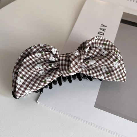 Korean Style Gingham Plaid Bow Banana Clip Fabric Floral Pattern Hair Claw Clip Vintage Elegant Hair Accessories For Women