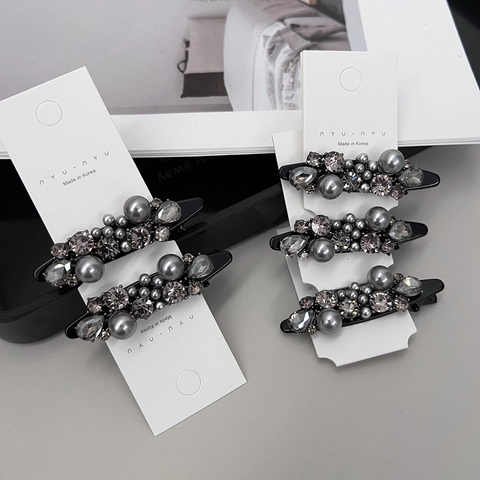 Elegante Clip per Capelli a Becco d'Anatra di Lusso Grigio con Künstliche Perle Sintetiche e Strass Accessorio per Capelli in Stile Coreano