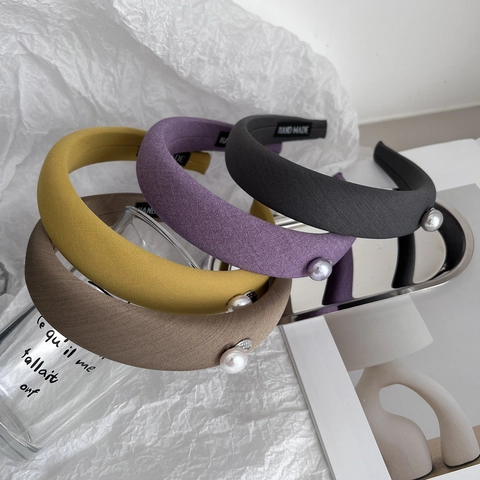 Retro Wide Fabric Padded Headband For Women Simple Solid Color Hairband With Artificial Pearl Decoration Handmade High Skull Top Headwear