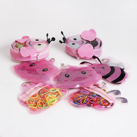 Cute Cartoon Kids Hair Ties Set With PVC Pouch Bee Shape Colorful Elastic Rubber Bands For Girls School Daily Hair Accessories