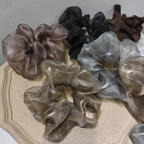 Grande Scrunchie in Tessuto di Organza Perlato Lucido Plissettato Elastico per Capelli Dolce Stile Coreano per Donna Accessori per Capelli
