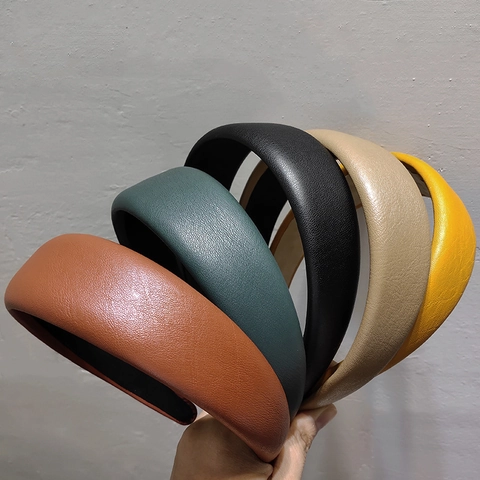 Women Retro Padded PU Leather Headband Solid Color Wide Sponge Hair Hoop Minimalist Elegant Hair Accessory For Daily Outing