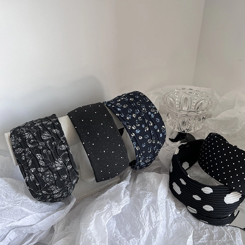 Serre-tête en Tissu à Bord Large Vintage Floral Pois Strass Accessoires Cheveux Style Coréen Mode Quotidienne Pour Femmes