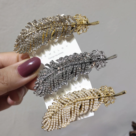 Fermaglio per Capelli Vintage a Forma di Piuma in Lega con Strass e Perle Artificiali Elegante Clip Laterale per Donna Accessorio Moda