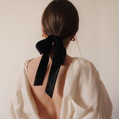 Scrunchie a Fiocco in Velluto Nero Vintage Francese per Donna Elegante Elastico per Capelli con Nastro Lungo Fatto a Mano