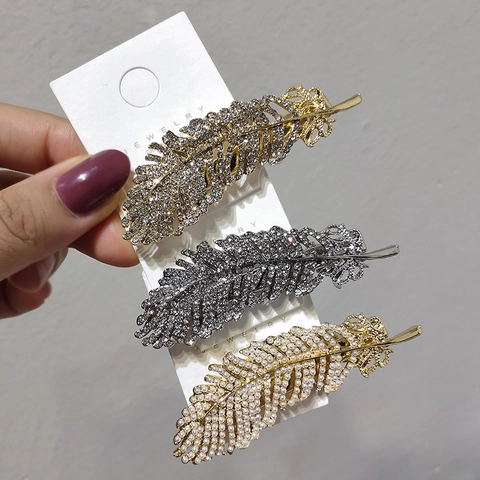 Fermaglio per Capelli Vintage a Forma di Piuma in Lega con Strass e Perle Artificiali Elegante Clip Laterale per Donna Accessorio Moda