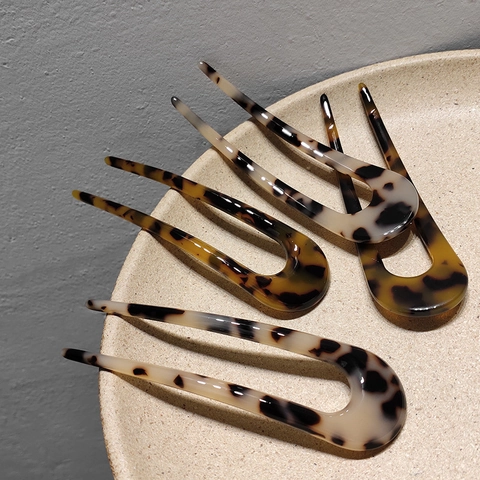 Bastoncino per Capelli Retro in Acetato a Forma di U Stampa Leopardata Tartarugato Forcina Elegante per Capelli Donna