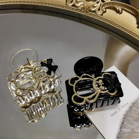 Korean Style Sweet Bear Bowknot Hair Claw Clip Transparent Black Resin Shark Clip For Women Girls Elegant Hair Accessories