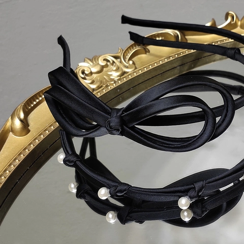 Fascia per Capelli in Raso Nero con Fiocco in Stile Coreano per Donna Elegante Sottile con Künstliche Perle Gioielli per Capelli Moda