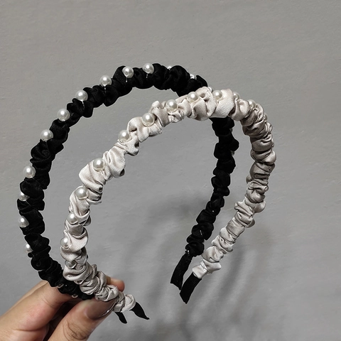 Cerchietto in Raso Pieghettato Con Perle Artificiali Per Donna Elegante Semplice Fascia Per Capelli Arricciata Accessori