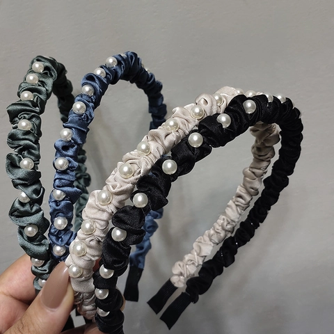 Cerchietto in Raso Pieghettato Con Perle Artificiali Per Donna Elegante Semplice Fascia Per Capelli Arricciata Accessori