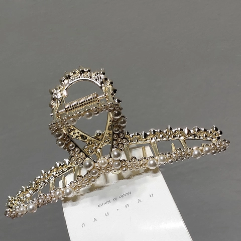 Elegante Molla per Capelli in Metallo Con Künstliche Perle Sintetiche Strass Grande Pince a Coccodrillo Rétro Francese per Donna