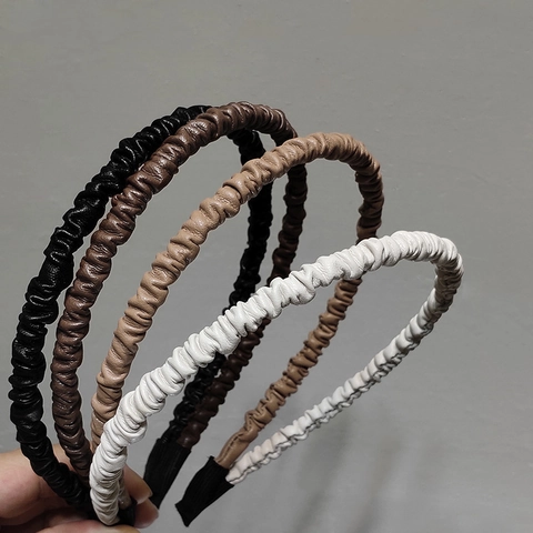 Korean Style Pleated Artificial Leather Headband Retro Minimalist Solid Color Skinny Hair Band For Women Daily Styling
