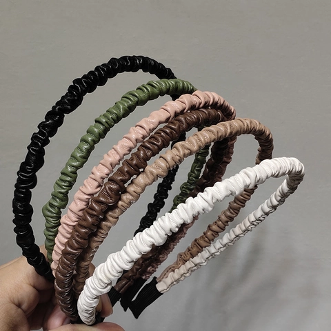 Korean Style Pleated Artificial Leather Headband Retro Minimalist Solid Color Skinny Hair Band For Women Daily Styling