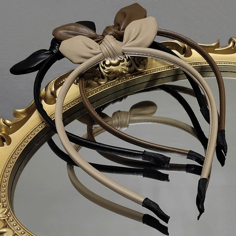 Diadema Vintage de Cuero PU con Lazo Color Sólido Orejas de Conejo Accesorios para el Cabello Elegantes para Mujer Diario