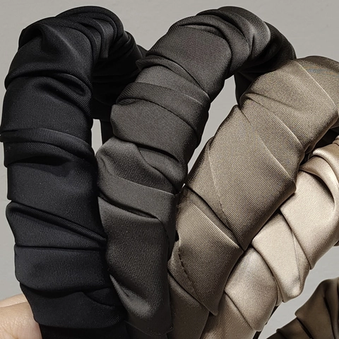 French Retro Wide Pleated Satin Headband For Women Korean Style Solid Color Wrinkled Hair Hoop Elegant Daily Hair Accessories
