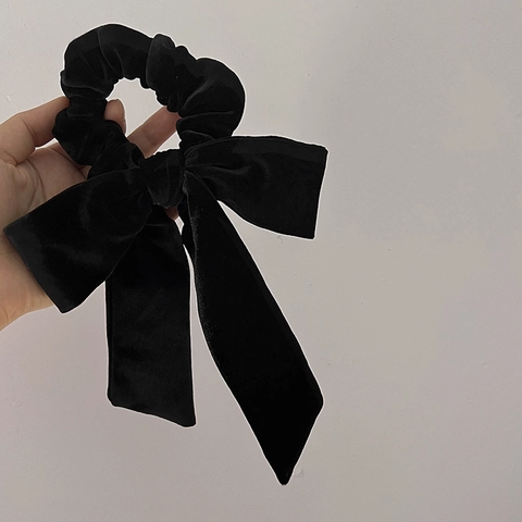 Französisch Vintage Schwarz Samt Schleife Haargummi Mit Langen Bändern Elegant Handgemacht Haarschmuck Schleife Ponytail Halter Damen