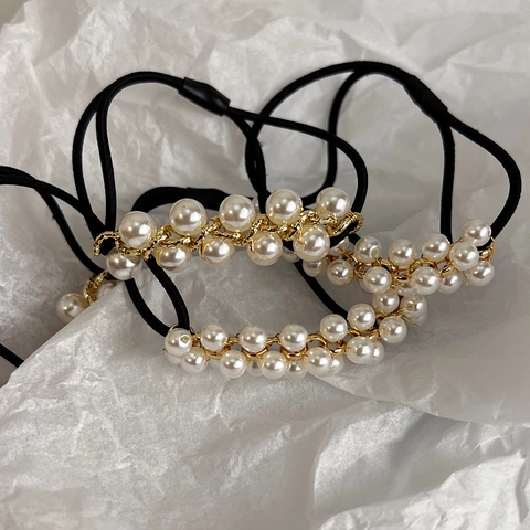 Eleganti Elastici per Capelli in Lega con Perle Artificiali Catena d'Oro Scrunchies Accessori Moda per Coda di Cavallo Donna