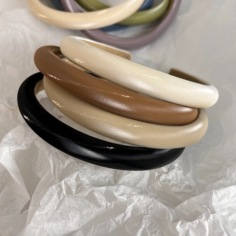 Diadema Acolchada de Cuero PU de Estilo Francés Copa Alta Esponja Gruesa Cinta para el Pelo Color Sólido Antideslizante Mujer
